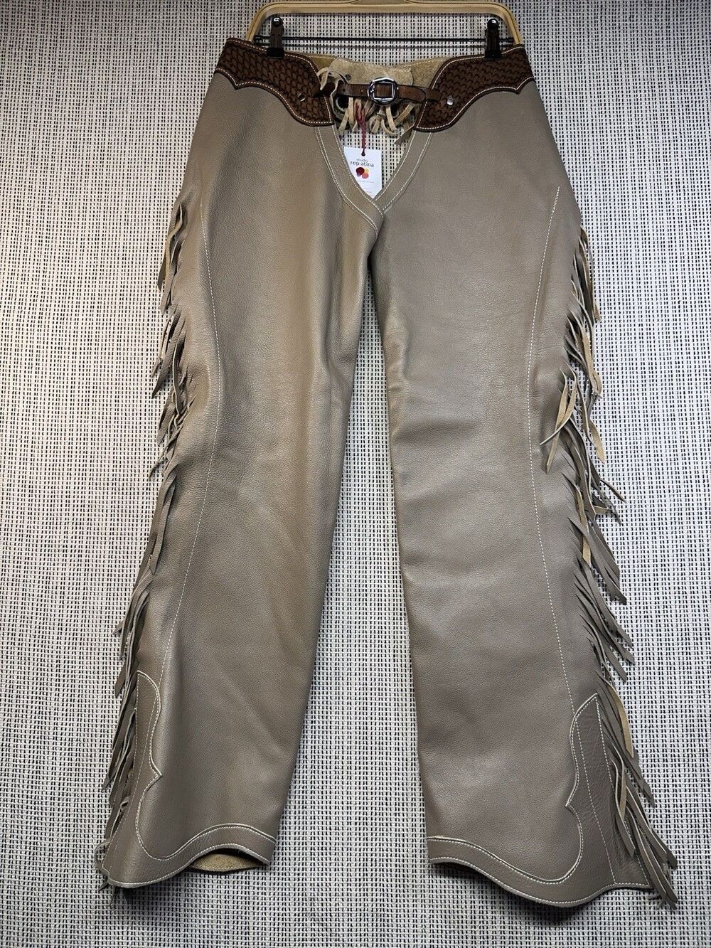 Vintage Leather Western Cowboy Chaps Fringe Tooled Concho Rodeo Tan 28-30" Waist
